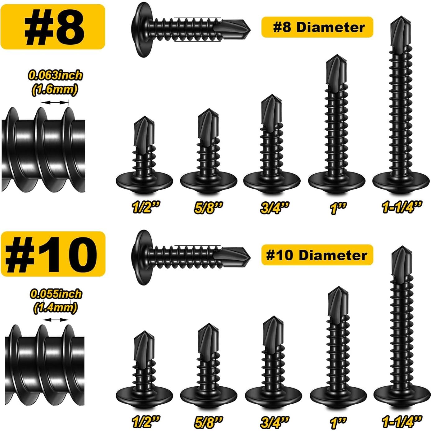 Kit 400 Tornillos Autoperforantes Negros Mywish #8 #10 Acero Inoxidable