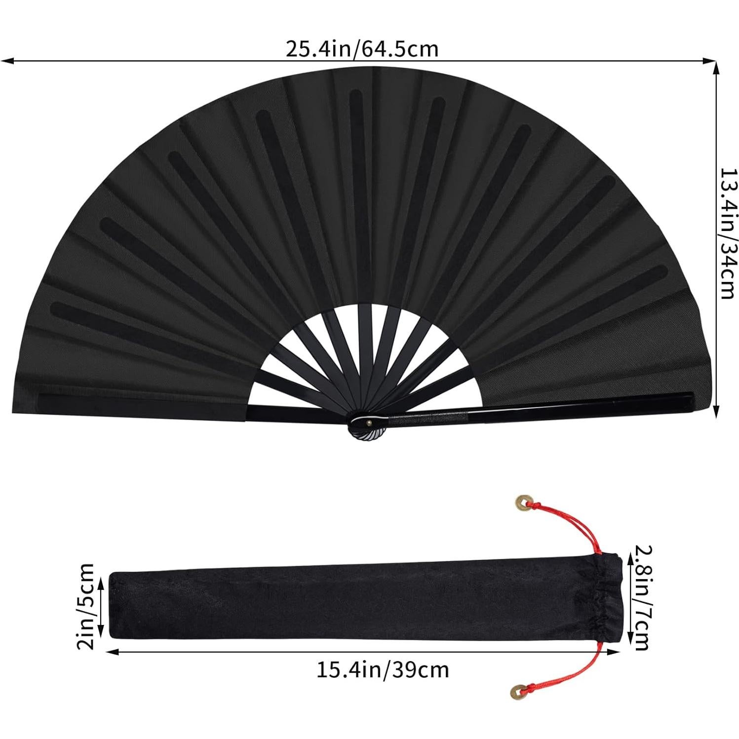 2 Abanicos Plegables de Mano Wobe Negro 64.5x34cm para Danza