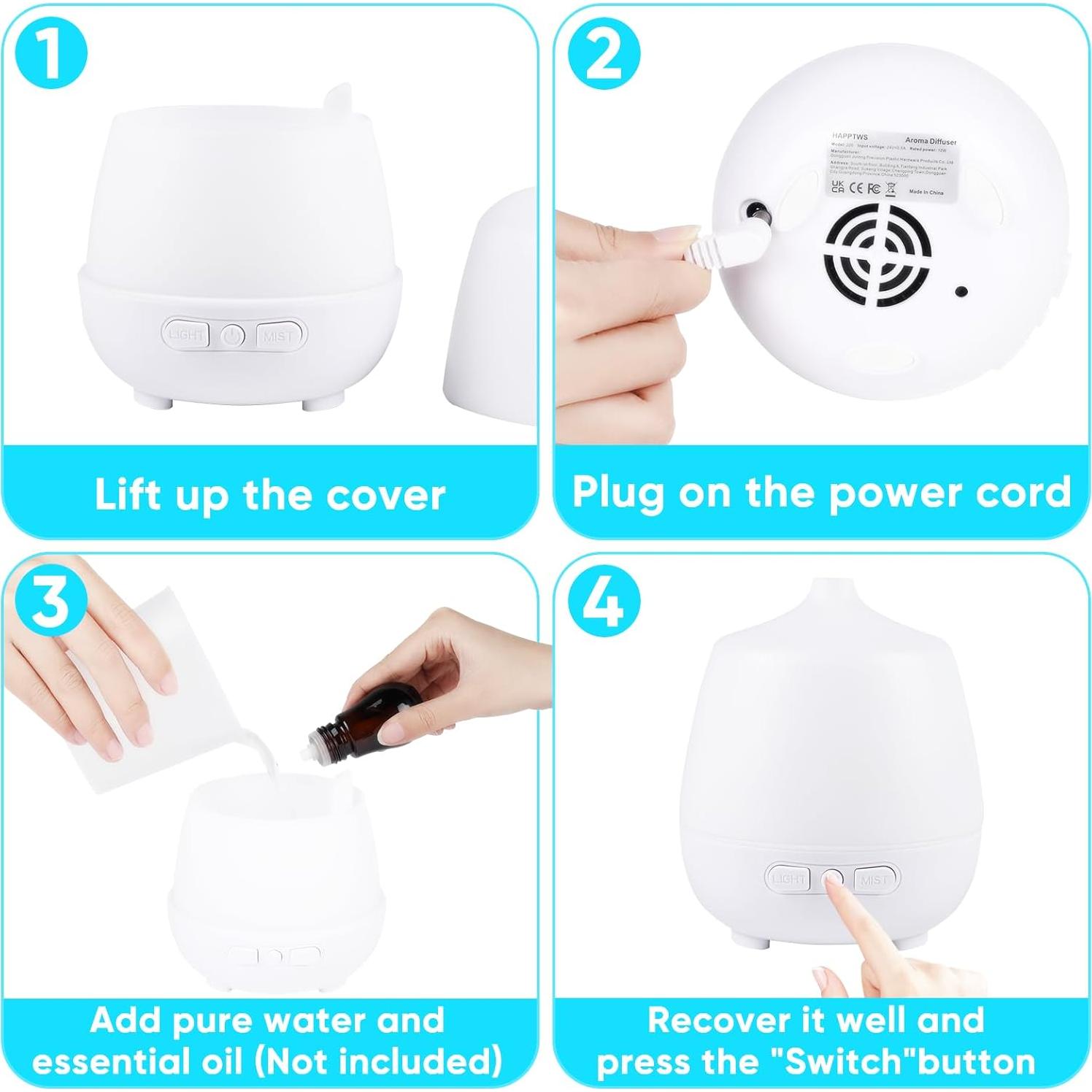 Difusor de Aceite Esencial HAPPTWS 220ml con Luz y Apagado Automático