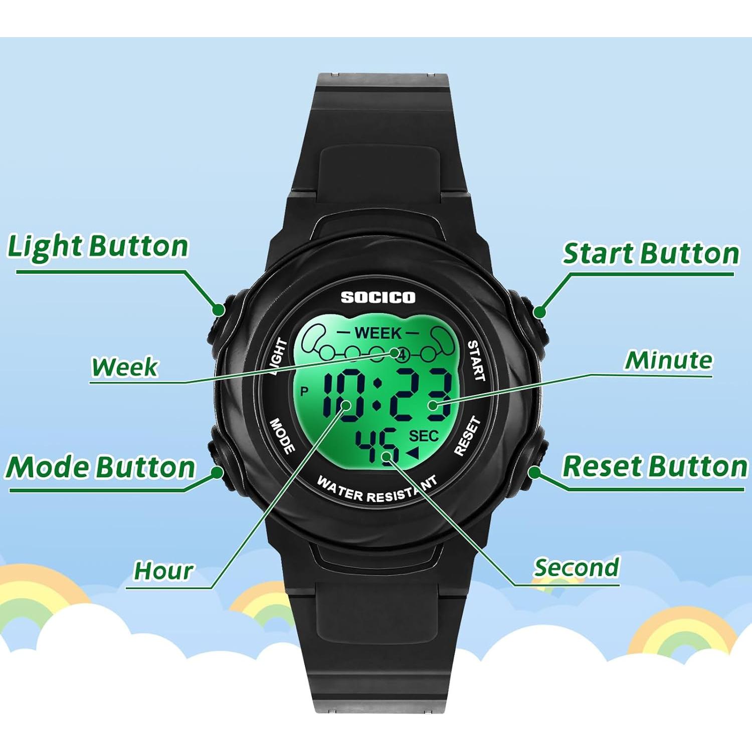 Reloj Digital Impermeable SOCICO para Niños 5ATM con Luces