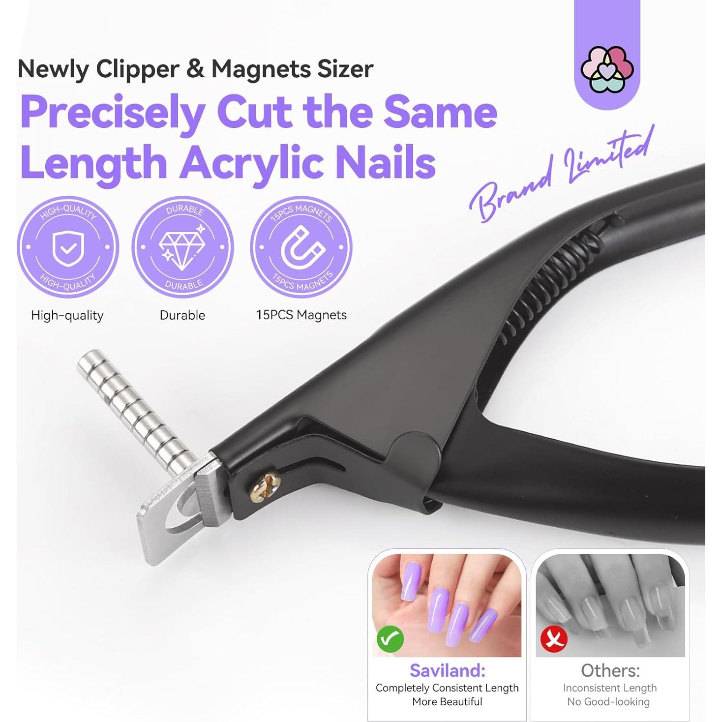 Saviland Acrylic Nail Cutters for Nail Tips: Black Acrylic Nails Clipper with Sizer Magnets Nail Cutter 15PCS Sharp Nail Tech Supplies Nail Trimmer Manicure Tool Nail Accessories Women Salon Home