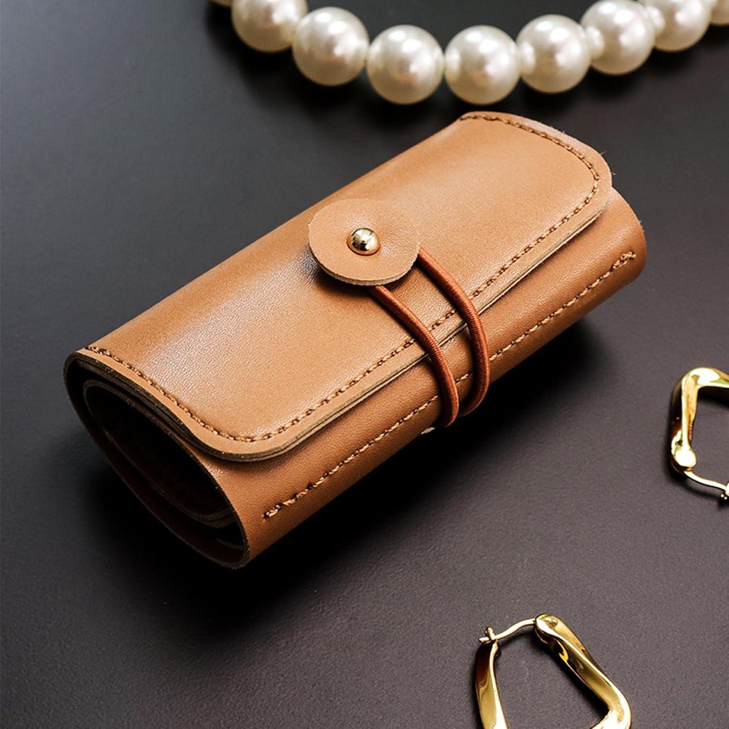 Longjet Travel Jewelry Roll Organizer and Storage Case for Rings, Necklaces, Earrings (Brown)