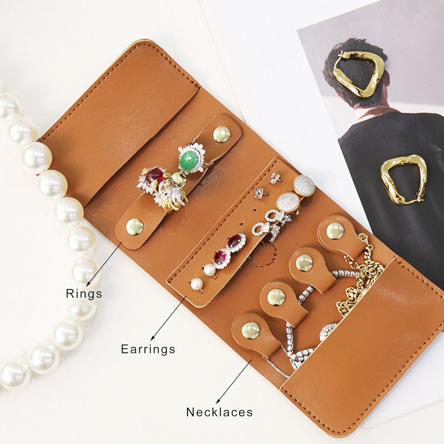 Longjet Travel Jewelry Roll Organizer and Storage Case for Rings, Necklaces, Earrings (Brown)