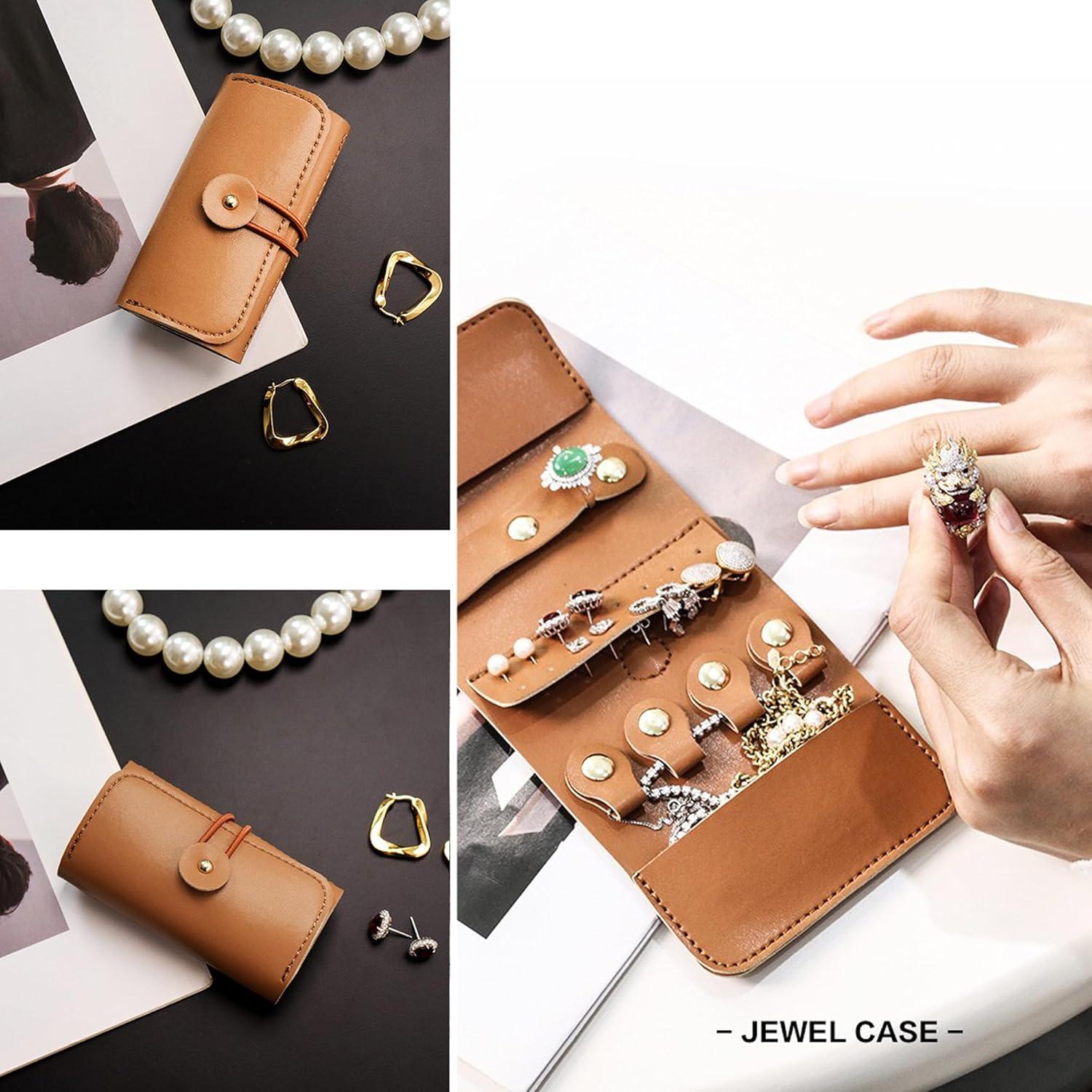 Longjet Travel Jewelry Roll Organizer and Storage Case for Rings, Necklaces, Earrings (Brown)