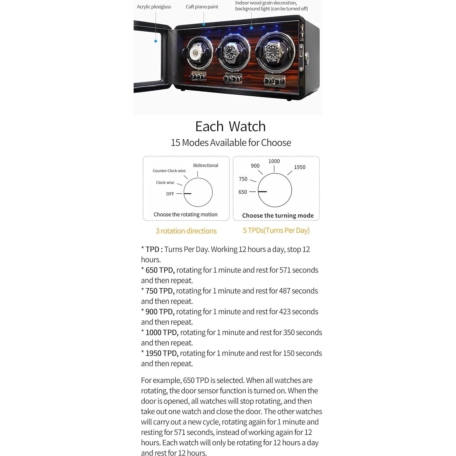 ORYX Winder para 3 Relojes Automáticos Negro 15 Modos Rotación