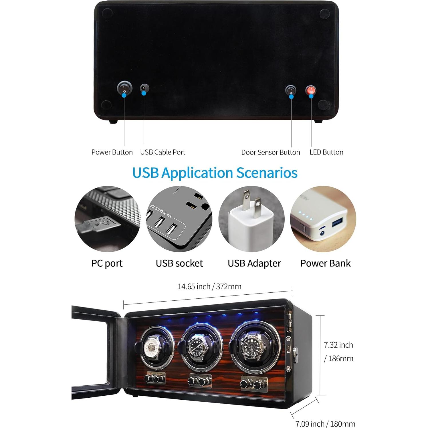 ORYX Winder para 3 Relojes Automáticos Negro 15 Modos Rotación