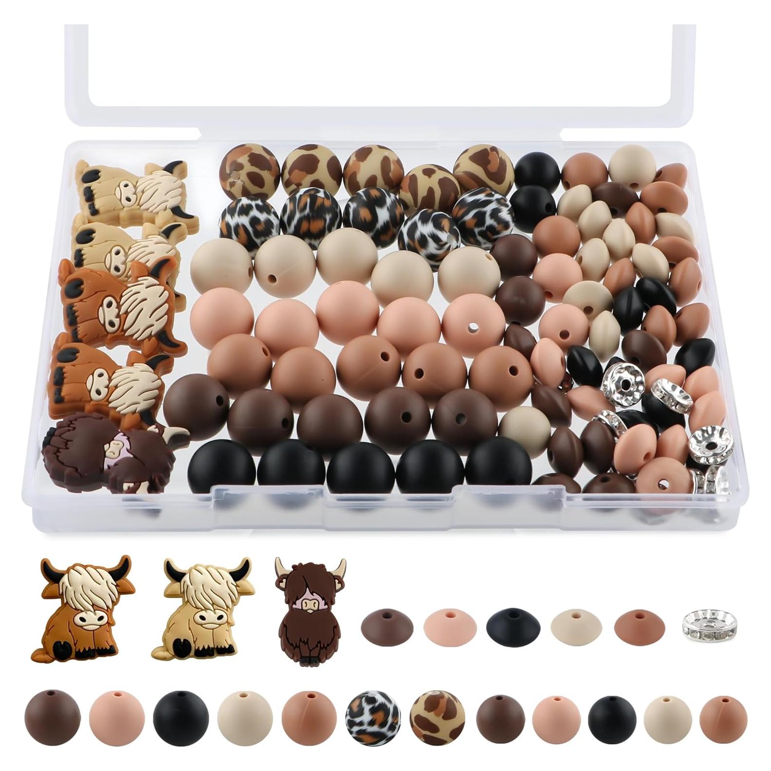 100PCS Silicone Beads Set, Lentil Rhinestone Spacer Print Silicone Beads 15mm and 12mm for Pens and Keychain Making（Brown Cow）
