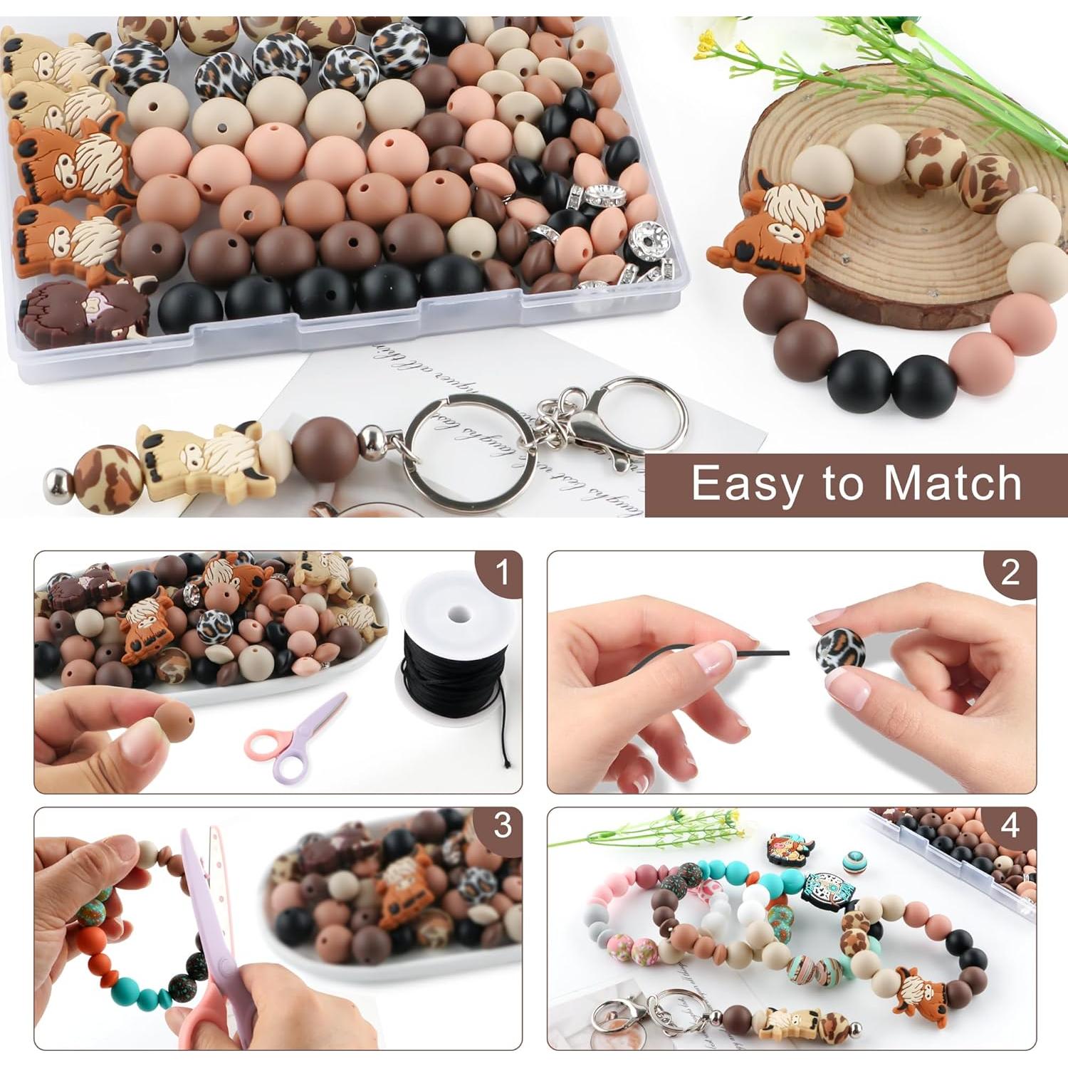 100PCS Silicone Beads Set, Lentil Rhinestone Spacer Print Silicone Beads 15mm and 12mm for Pens and Keychain Making（Brown Cow）