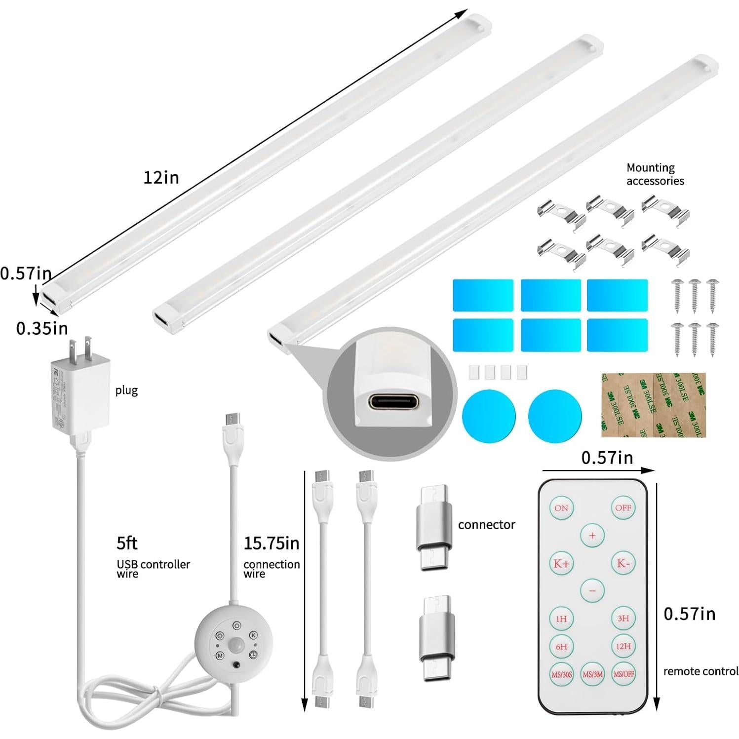 Barra de luz LED bajo gabinete THLITURE 3Pack, 12W, control remoto