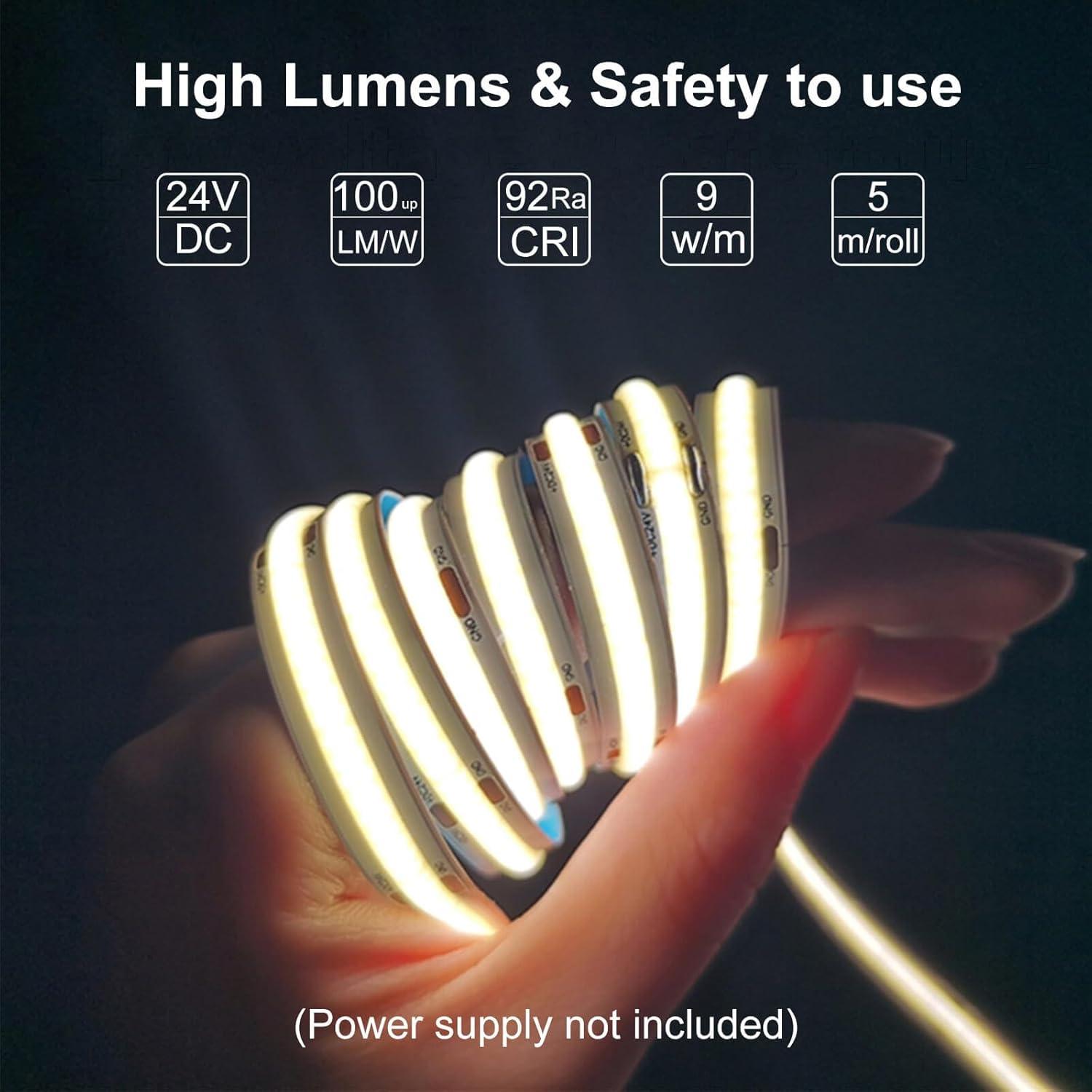 Tira de luces LED COB 5m 3000K blanca cálida LLTOP