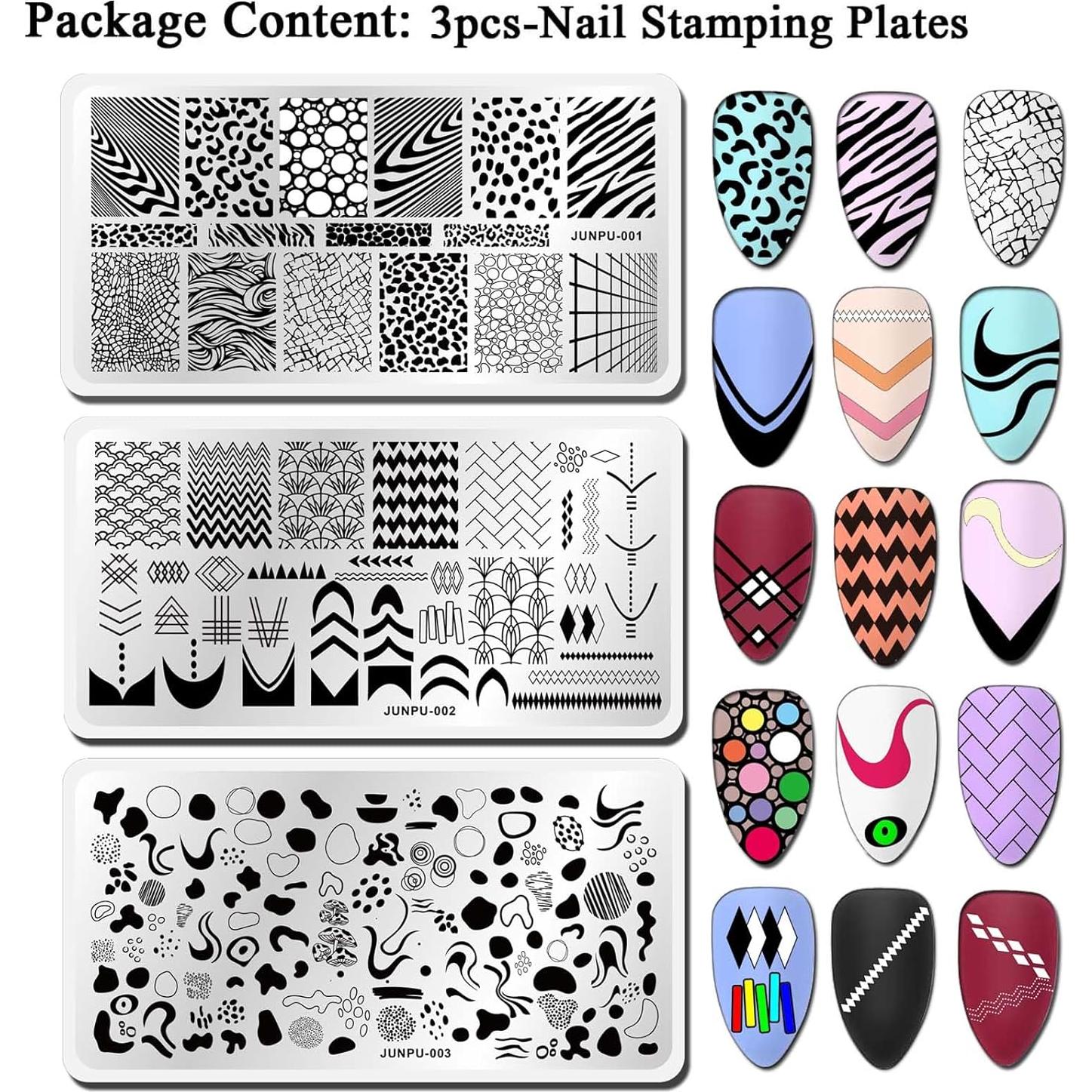 Set de 3 Placas de Estampado de Uñas JUNPU 12x6cm Geométricas