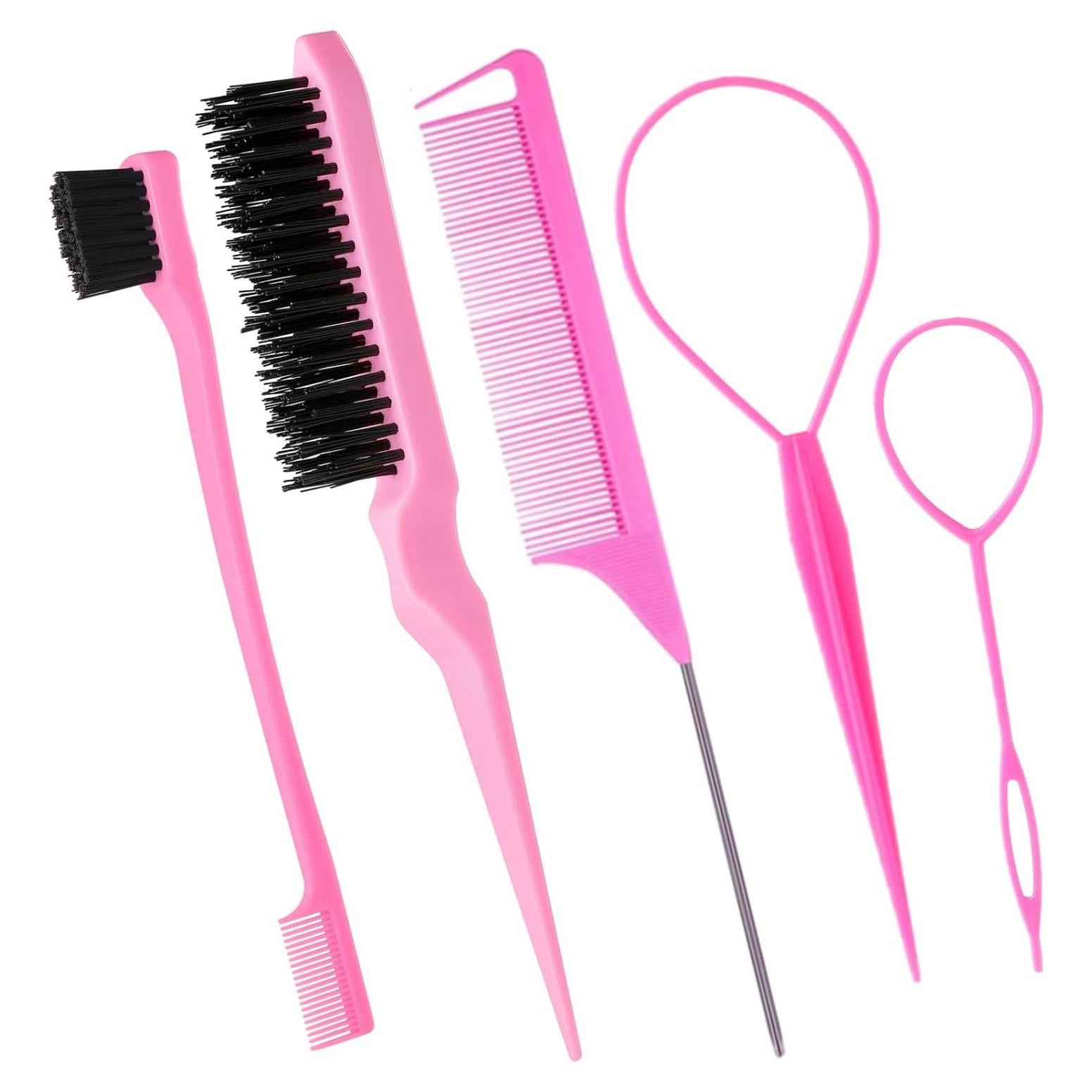 5Pcs Slick Back Brush Set with Topsy Tail Tool, Teasing Bristle, Rat Comb for Women & Girls Hair Styling, Flyaways Control and Edge Combing - Pink