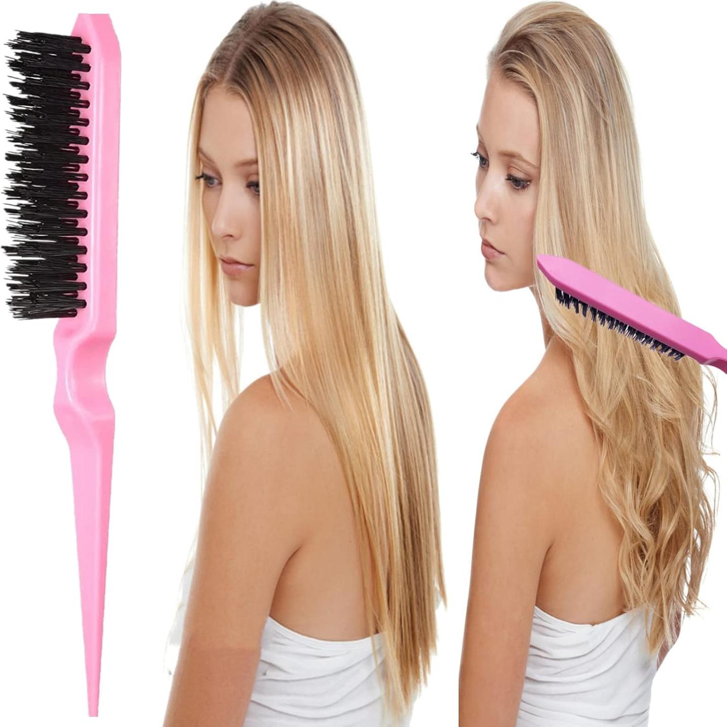 5Pcs Slick Back Brush Set with Topsy Tail Tool, Teasing Bristle, Rat Comb for Women & Girls Hair Styling, Flyaways Control and Edge Combing - Pink