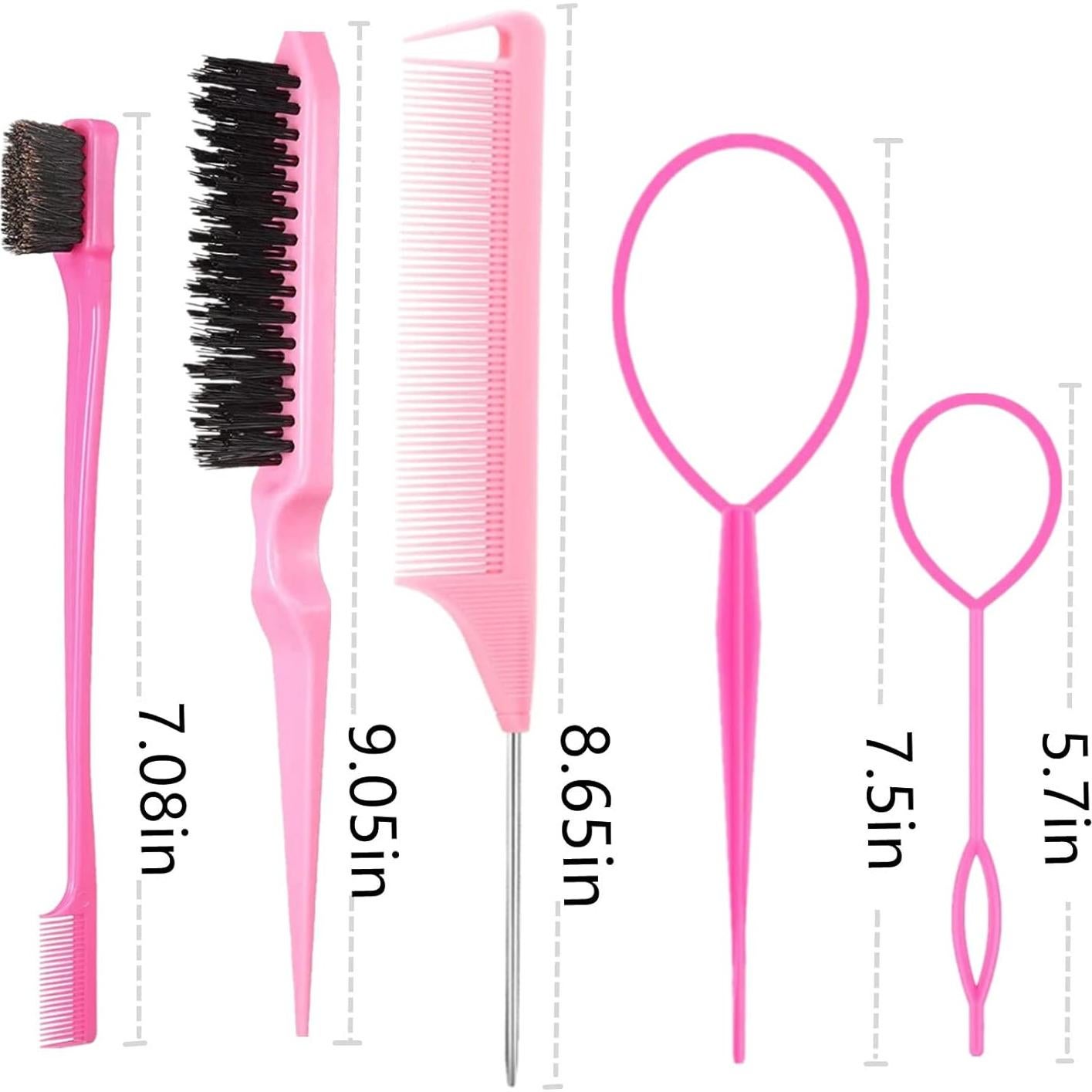 5Pcs Slick Back Brush Set with Topsy Tail Tool, Teasing Bristle, Rat Comb for Women & Girls Hair Styling, Flyaways Control and Edge Combing - Pink