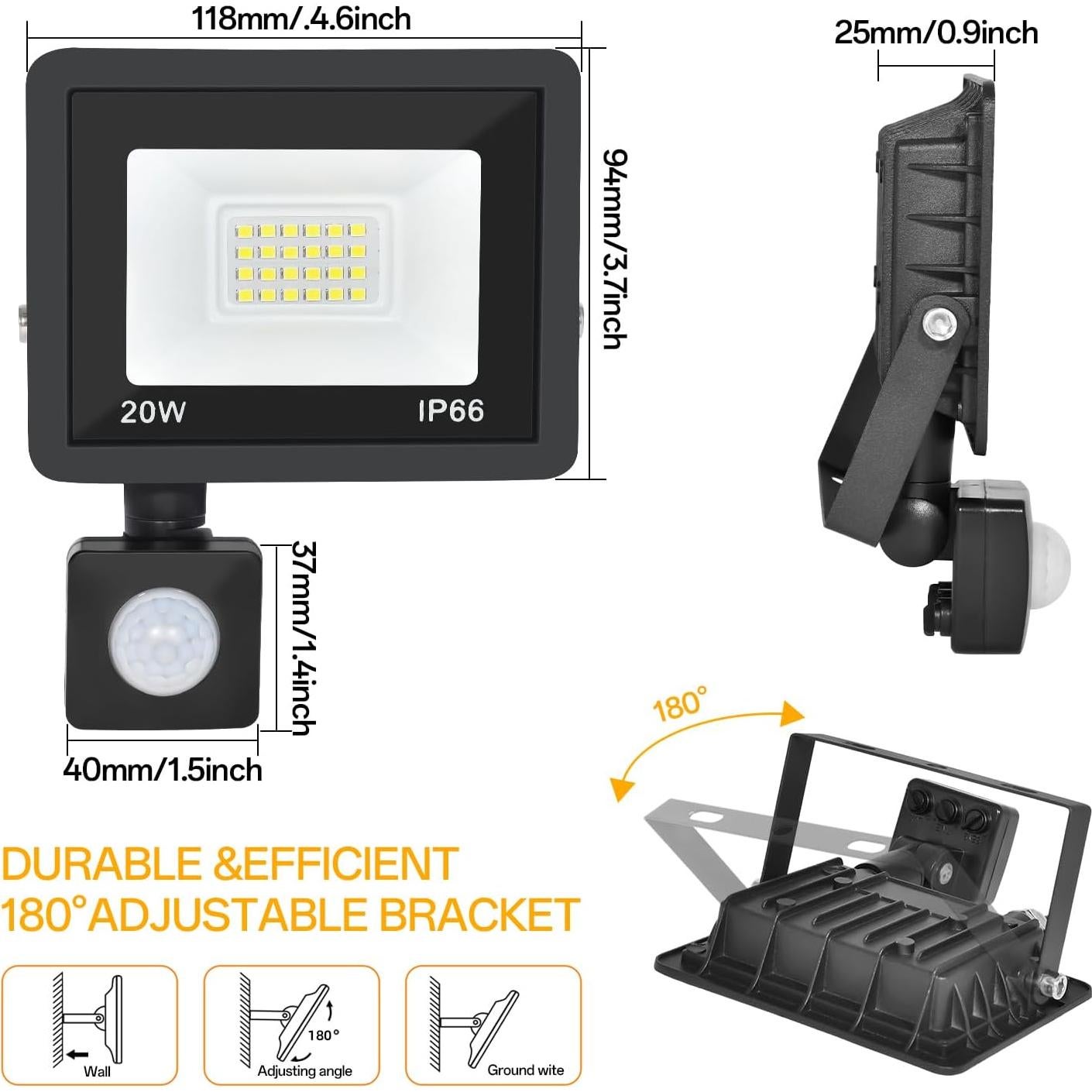Luz de Inundación LED RERBIO 20W con Sensor de Movimiento IP66