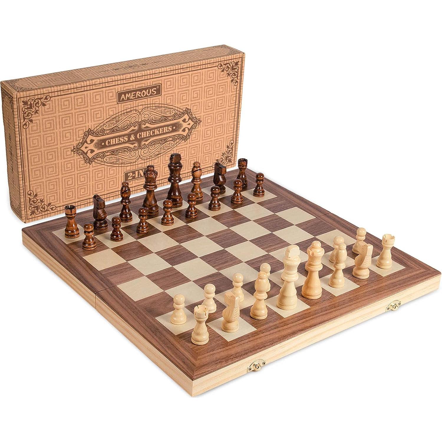 Juego de Ajedrez y Damas de Madera AMEROUS 2 en 1 39.6 cm