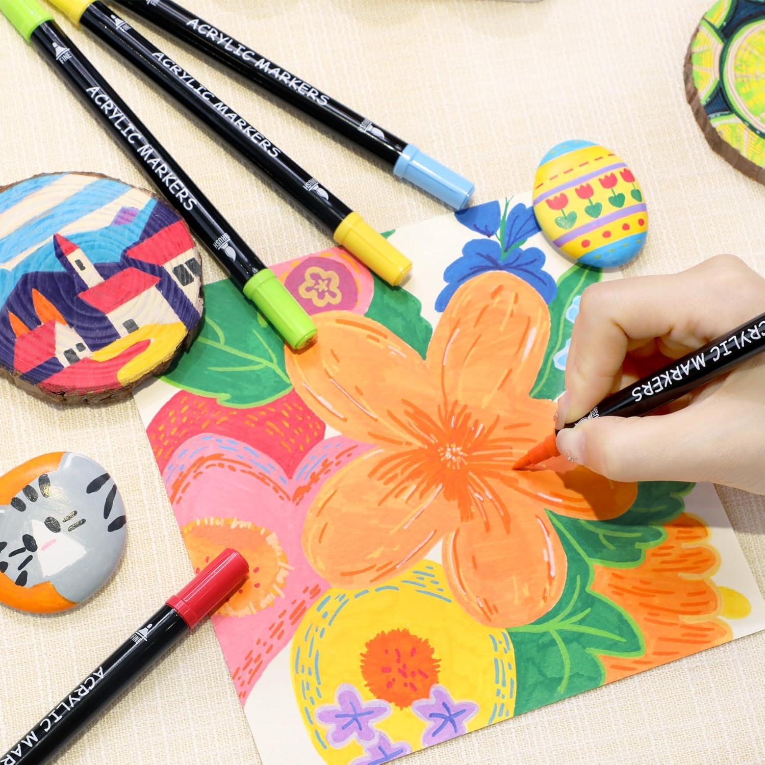 30 Marcadores de Pintura Acrílica Recheel, Punta Doble Fina y Brocha