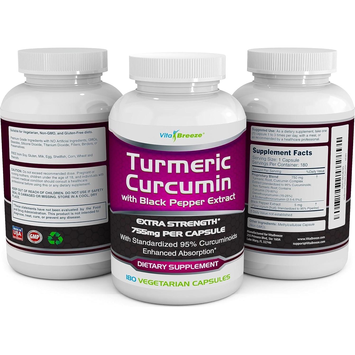 Suplemento de Cúrcuma y Curcumina VitaBreeze 180 Cápsulas