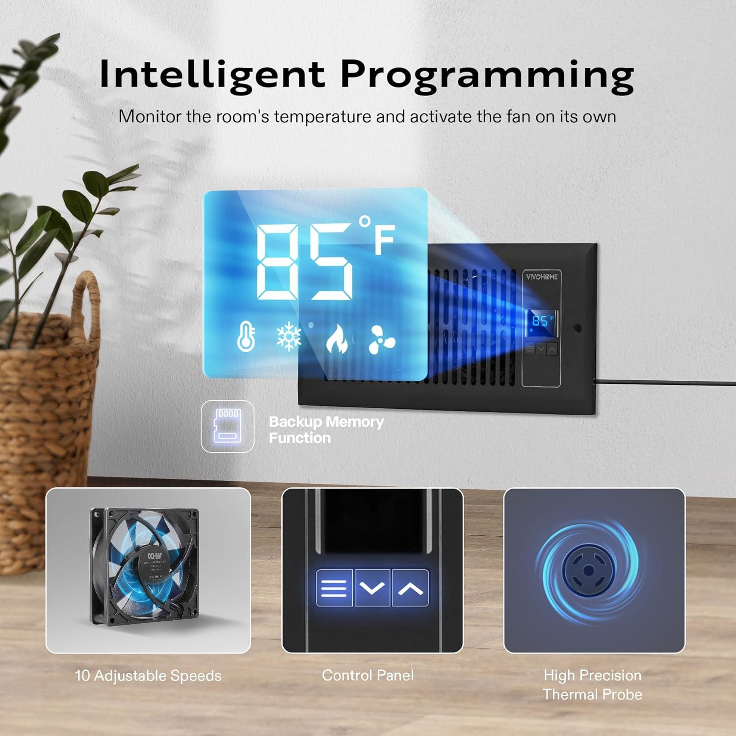 Ventilador de Refuerzo VIVOHOME 10 cm x 25.4 cm Negro con Termostato