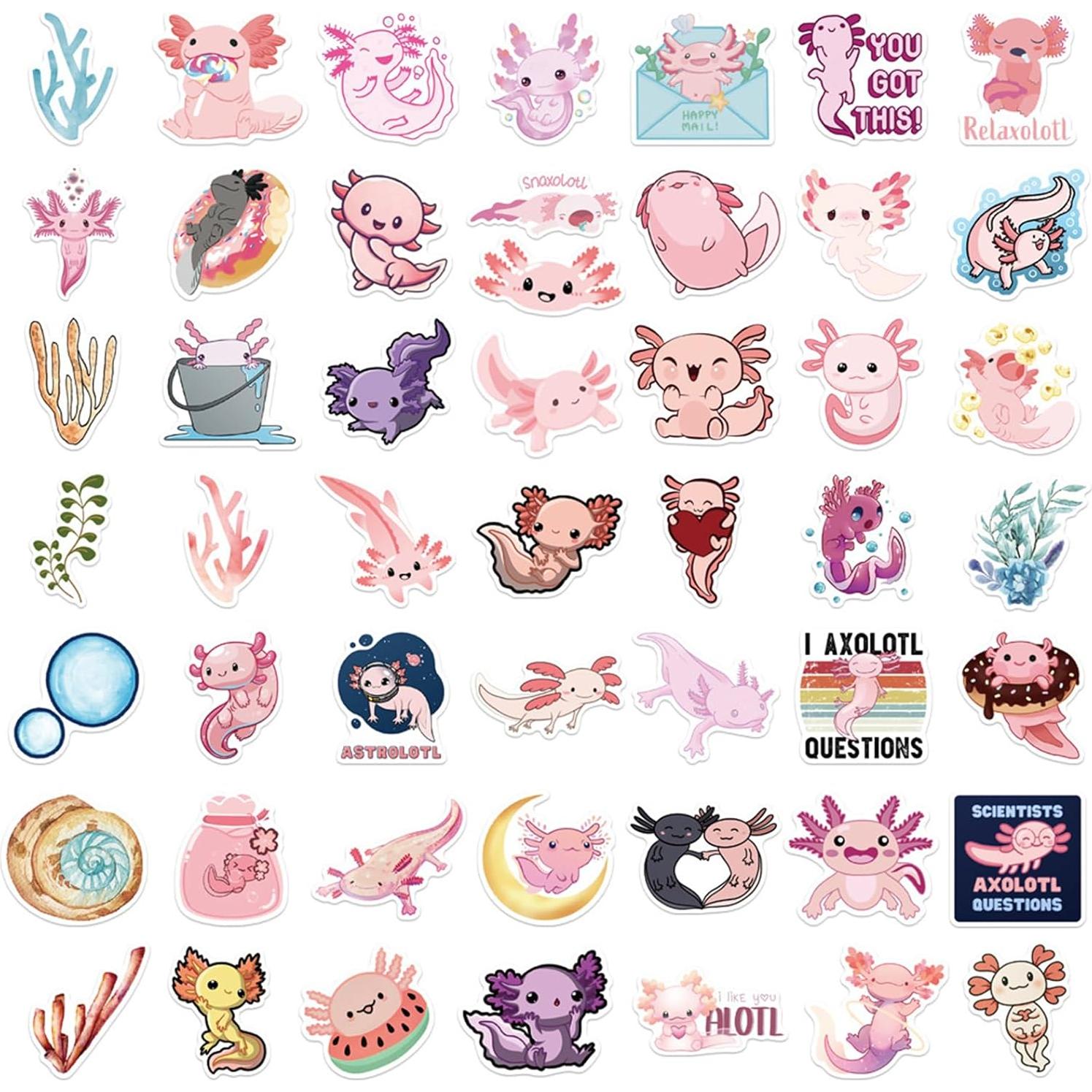 Paquete de Stickers de Axolote Kawaii 50PCS Glueewee PVC Impermeables