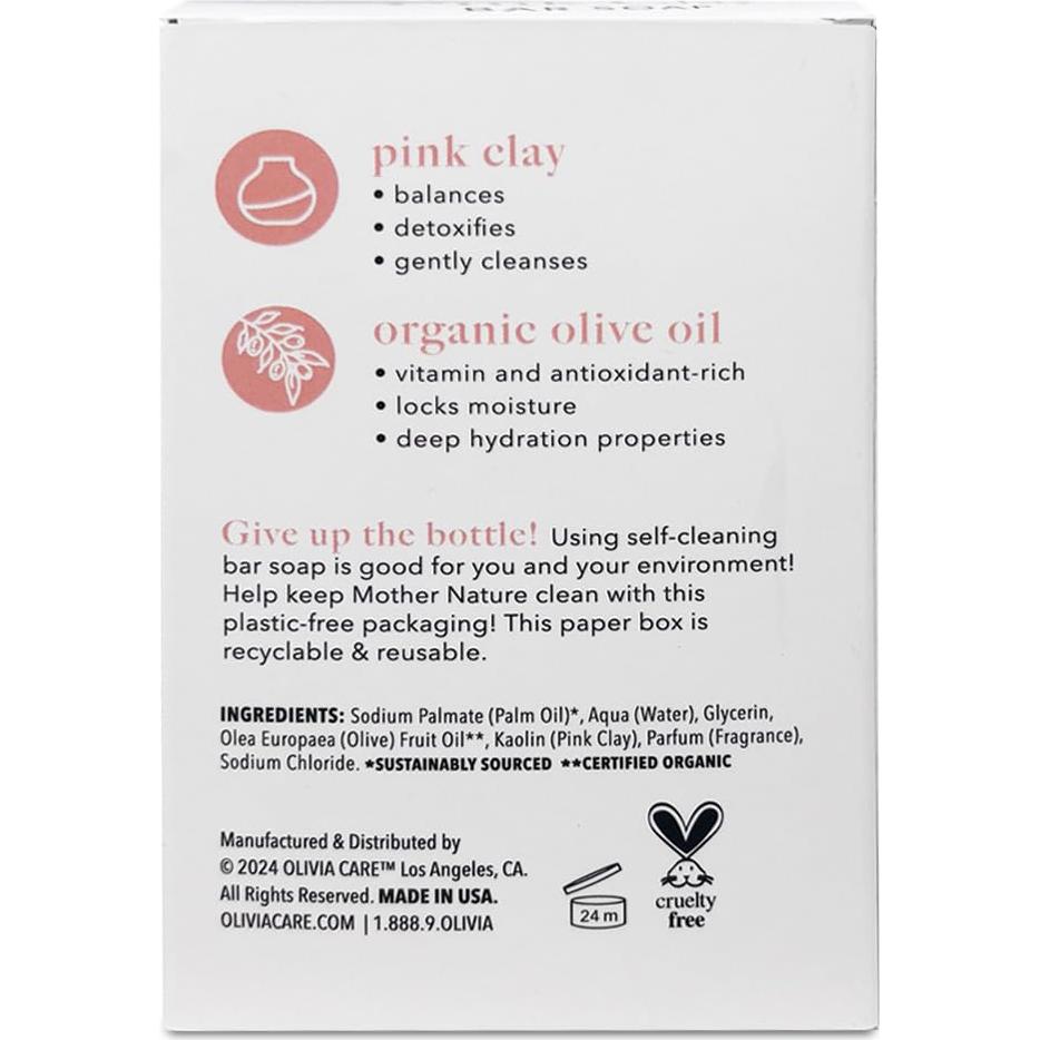 Jabón en Barra Arcilla Rosa Olivia Care 226.8 g Natural Vegano