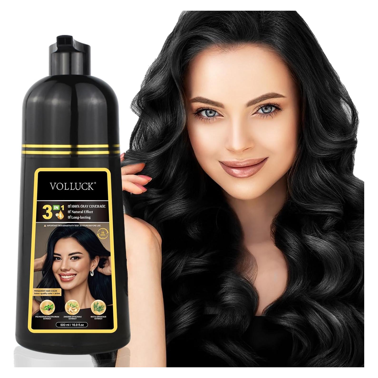 Champú para Teñir Cabello VOLLUCK 3 en 1 Negro - Cobertura Canas