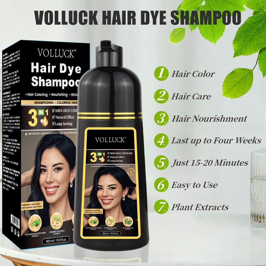 Champú para Teñir Cabello VOLLUCK 3 en 1 Negro - Cobertura Canas