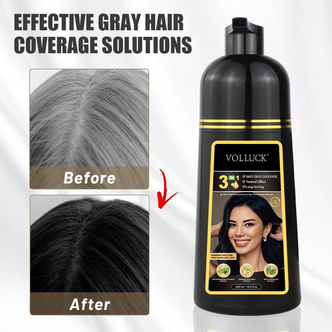 Champú para Teñir Cabello VOLLUCK 3 en 1 Negro - Cobertura Canas