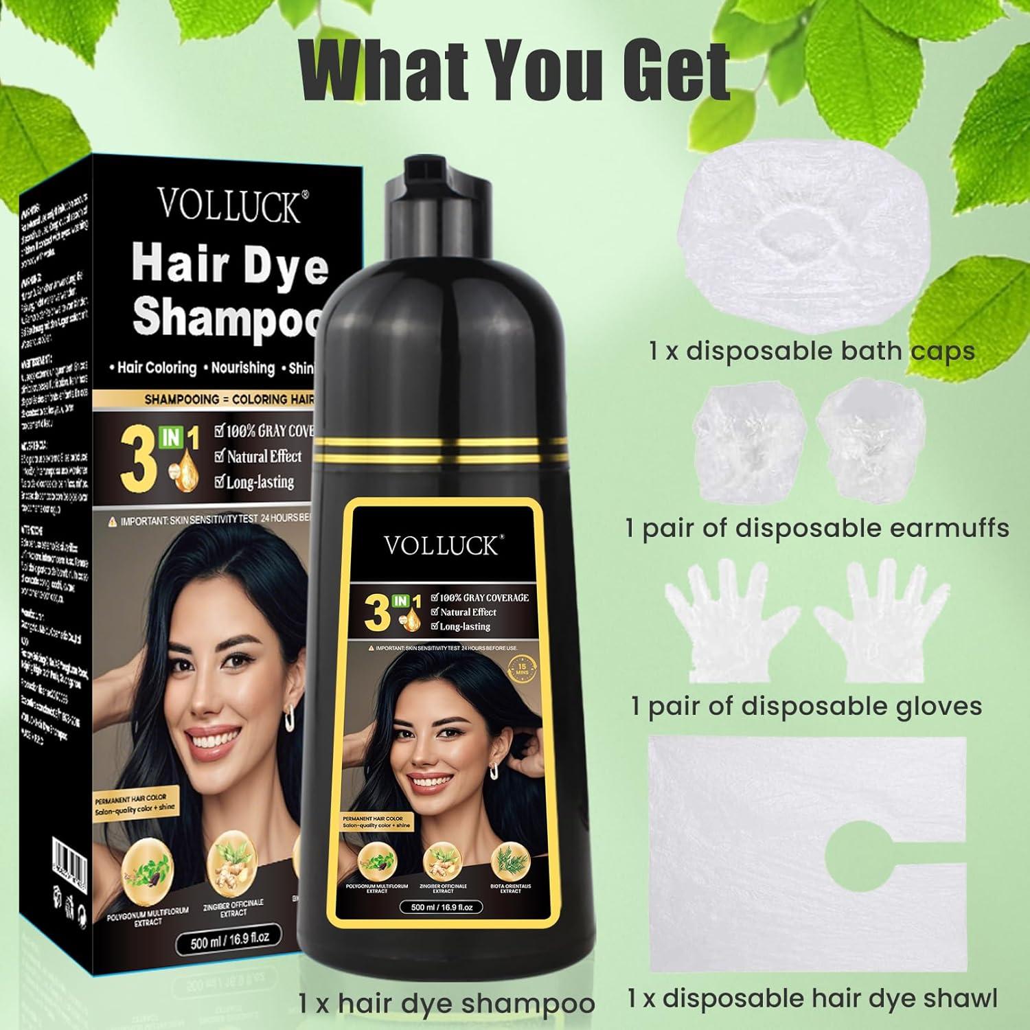 Champú para Teñir Cabello VOLLUCK 3 en 1 Negro - Cobertura Canas