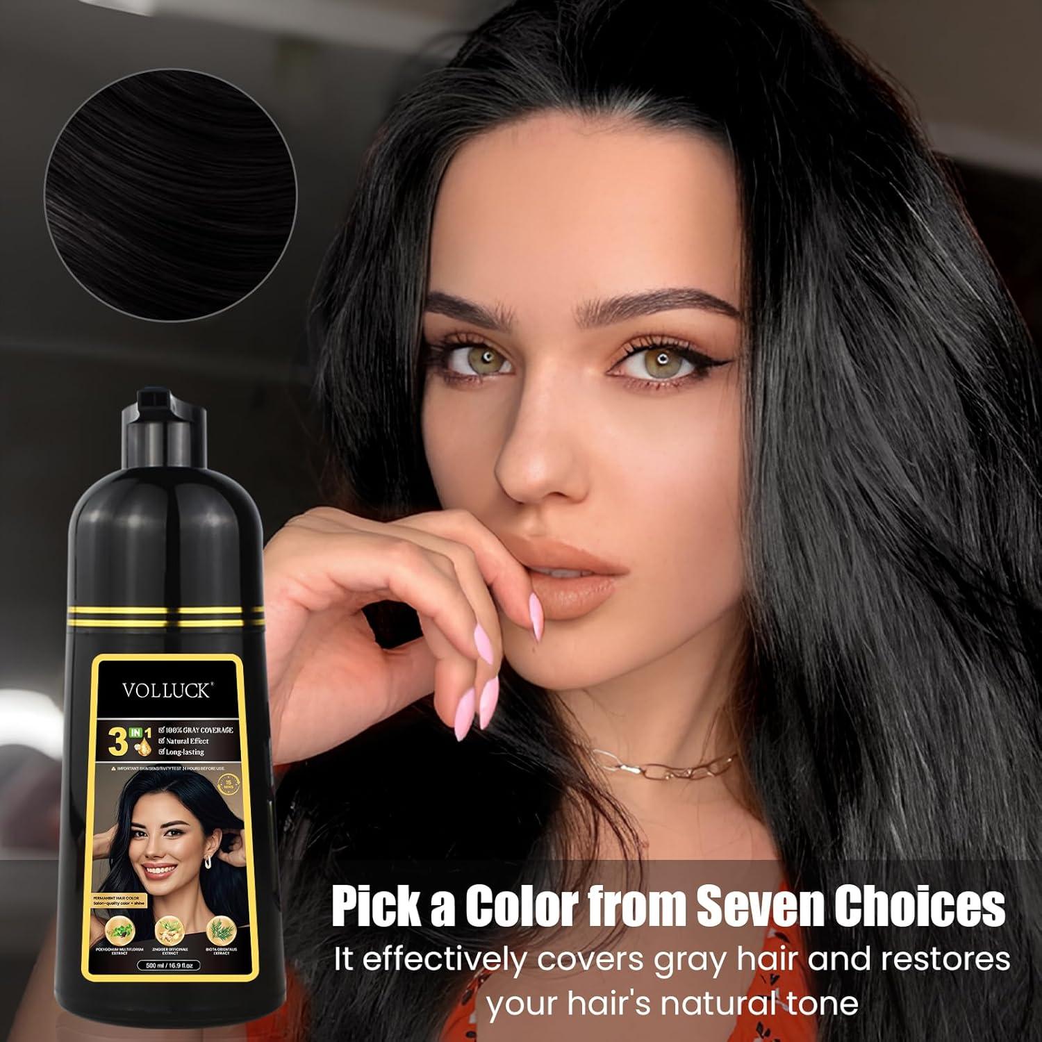 Champú para Teñir Cabello VOLLUCK 3 en 1 Negro - Cobertura Canas