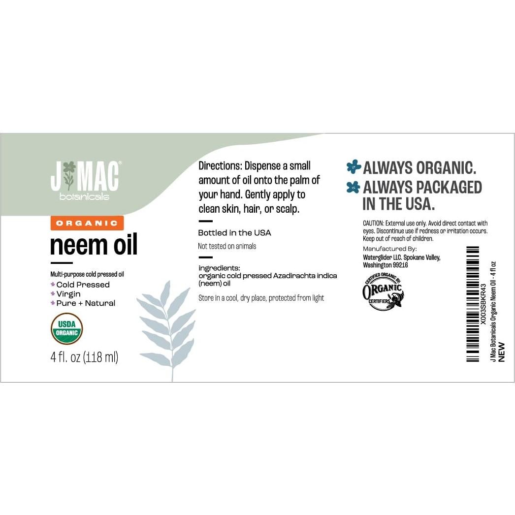 Aceite de Neem Orgánico J Mac Botanicals 118 ml Puro para Piel y Cabello