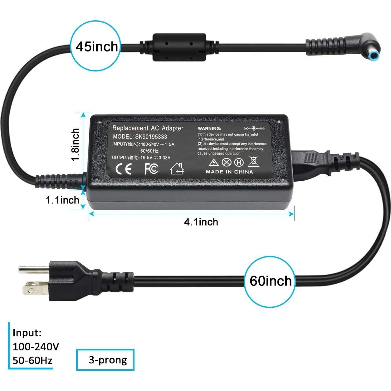 Cargador AC 65W HP ProBook Elitebook 450 840 850 Punta Azul