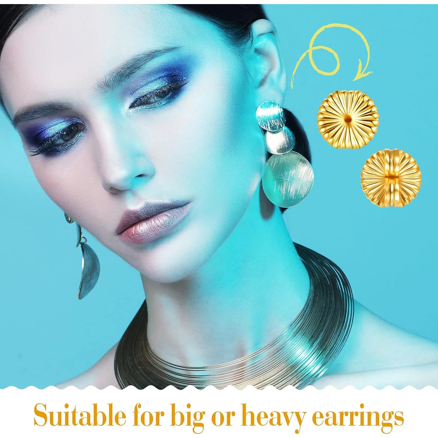 Hicarer 8 Pieces Earring Backs for Droopy Large Backs for Studs Replacement Secure Lifters for Heavy Earring(9 mm,Gold)