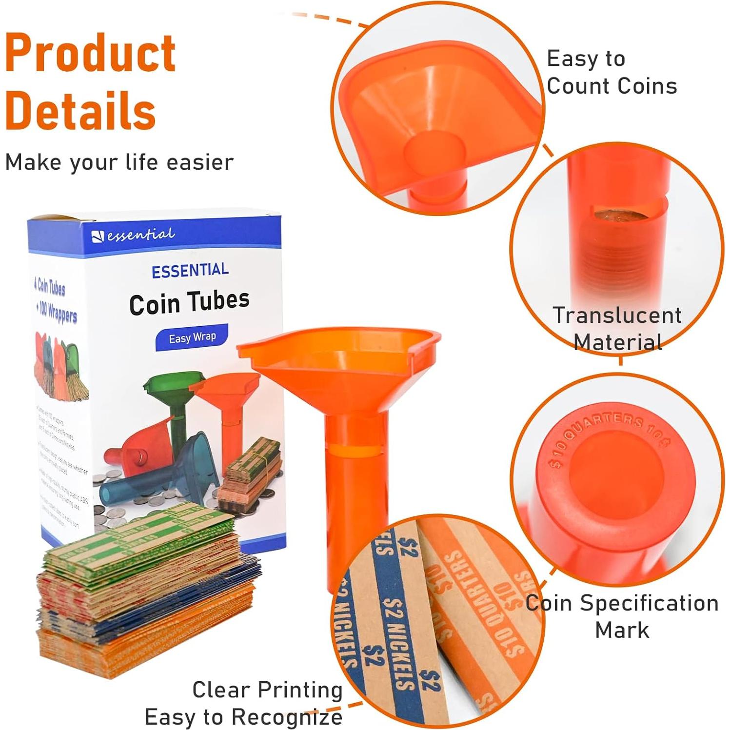Juego de Tubos para Contar Monedas ESSENTIAL 4 Tubos y 100 Envolturas