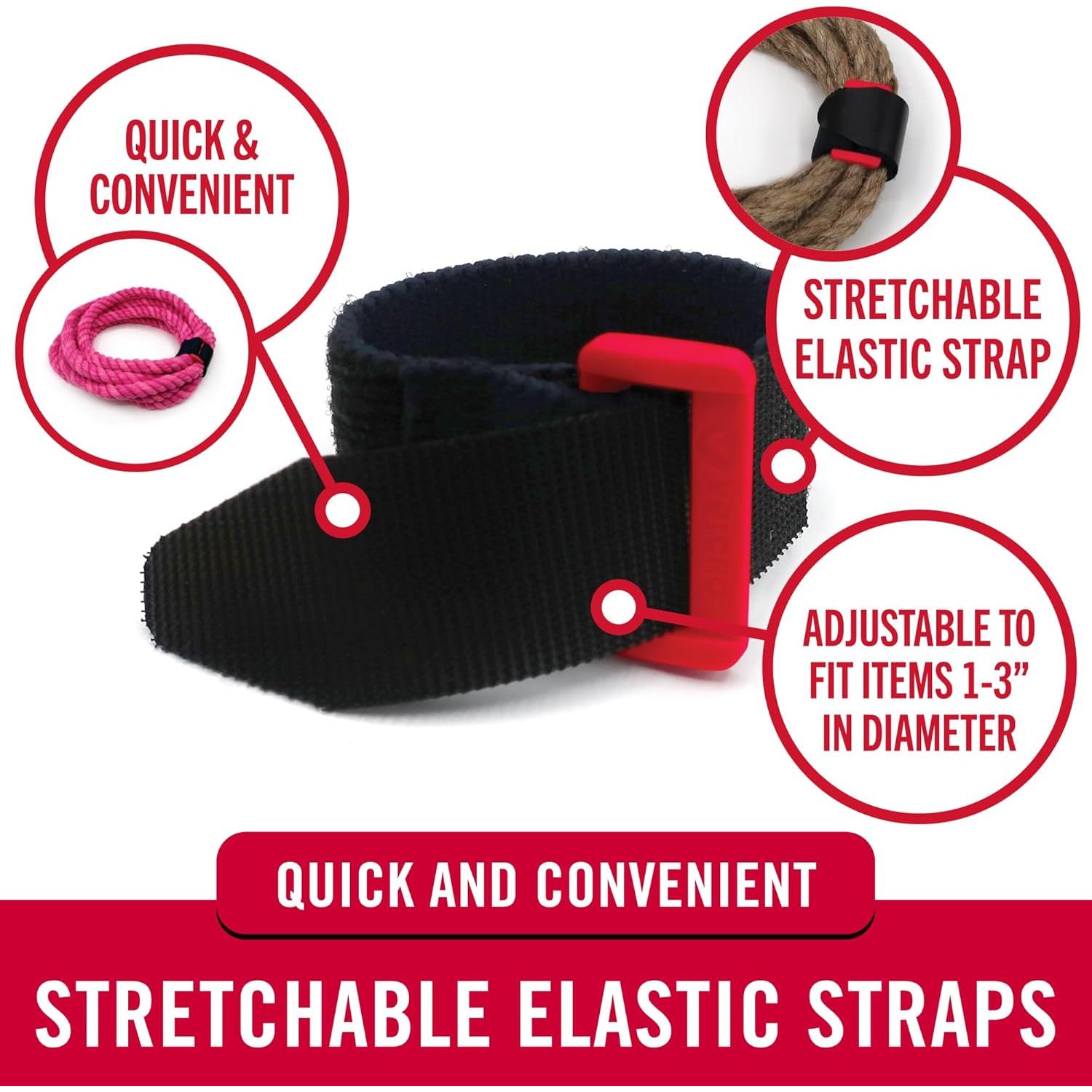 Correas Elásticas VELCRO 20.32cm Ajustables Paquete de 4 Negro