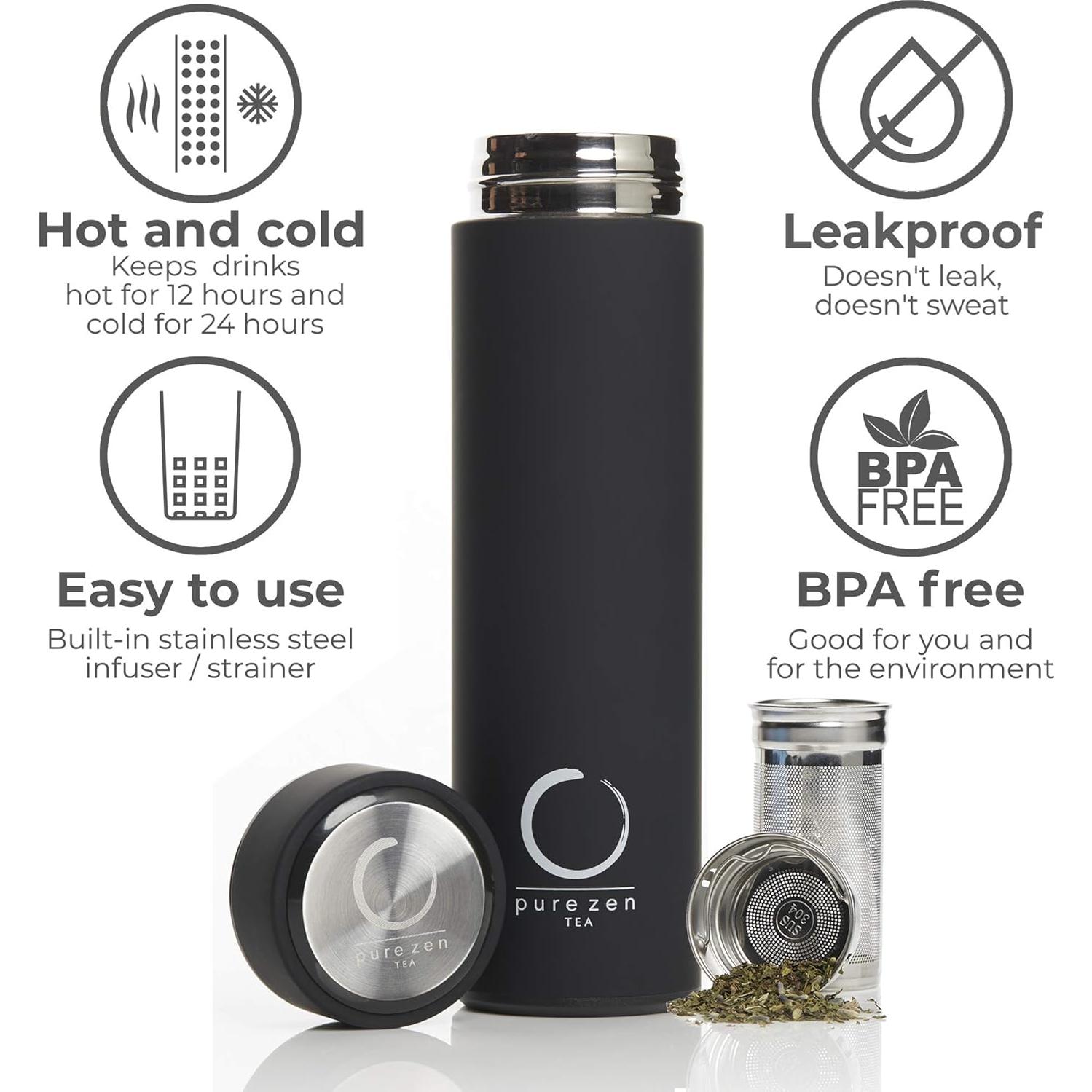 Termo Pure Zen Tea 15 oz Acero Inoxidable Negro con Infusor