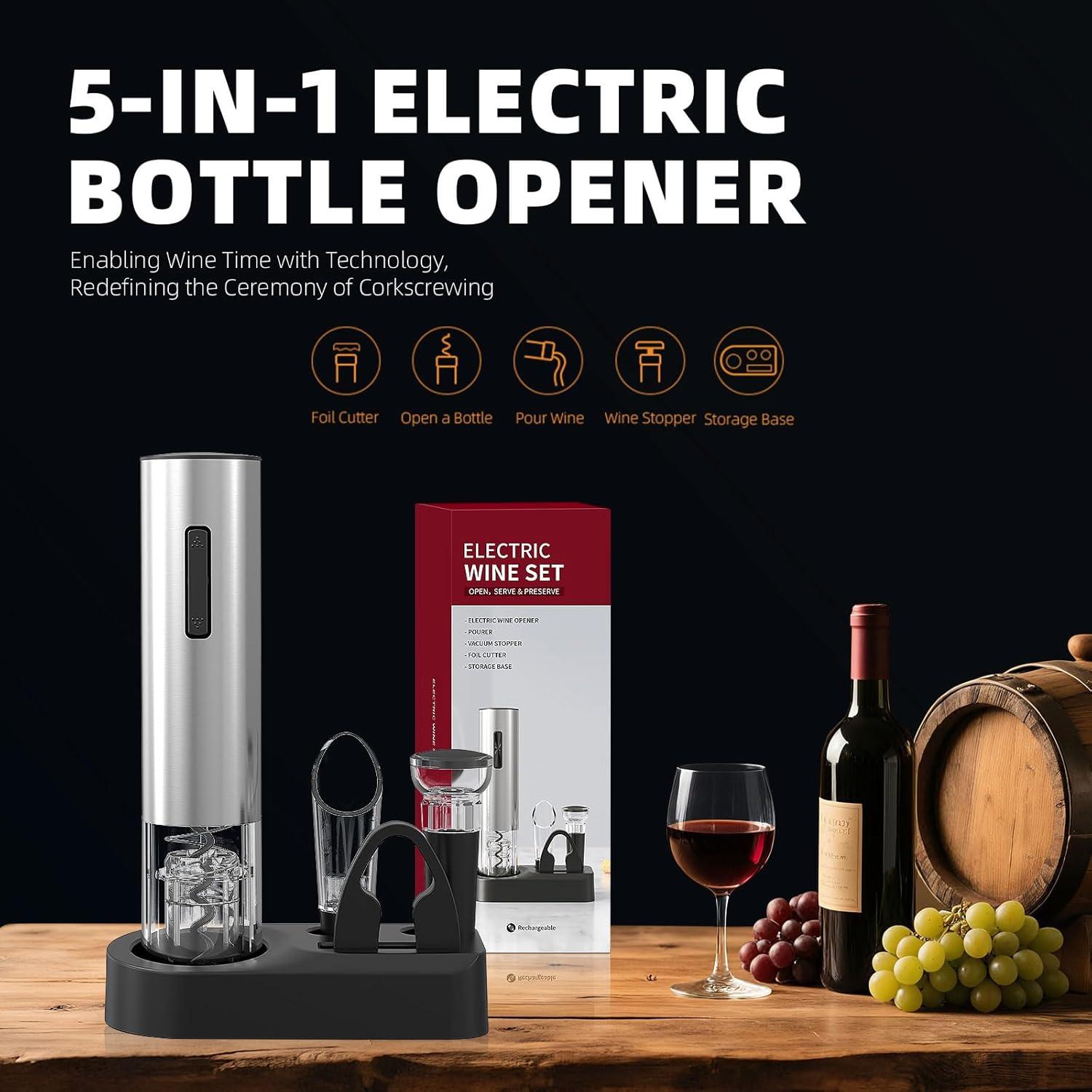 Abrebotellas de vino eléctrico Liuzouwin 5 en 1 plateado