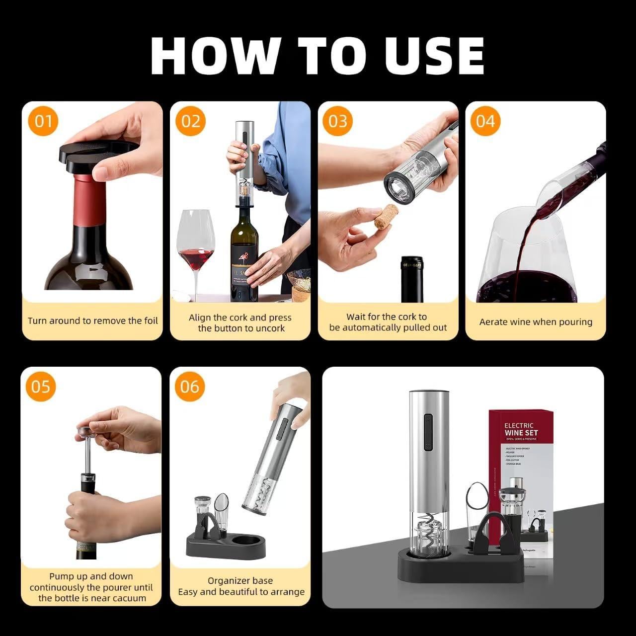 Abrebotellas de vino eléctrico Liuzouwin 5 en 1 plateado