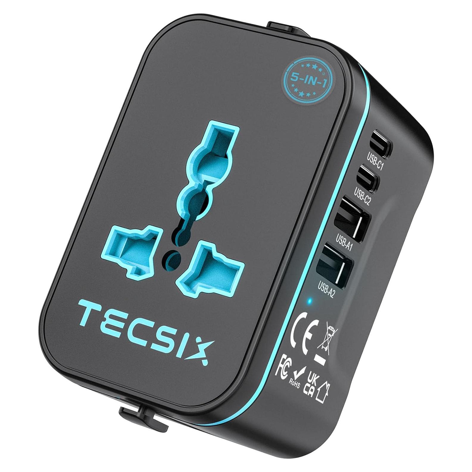 Adaptador de Viaje Universal TECSIX 5 en 1 con 2 USB-C y 2 USB-A