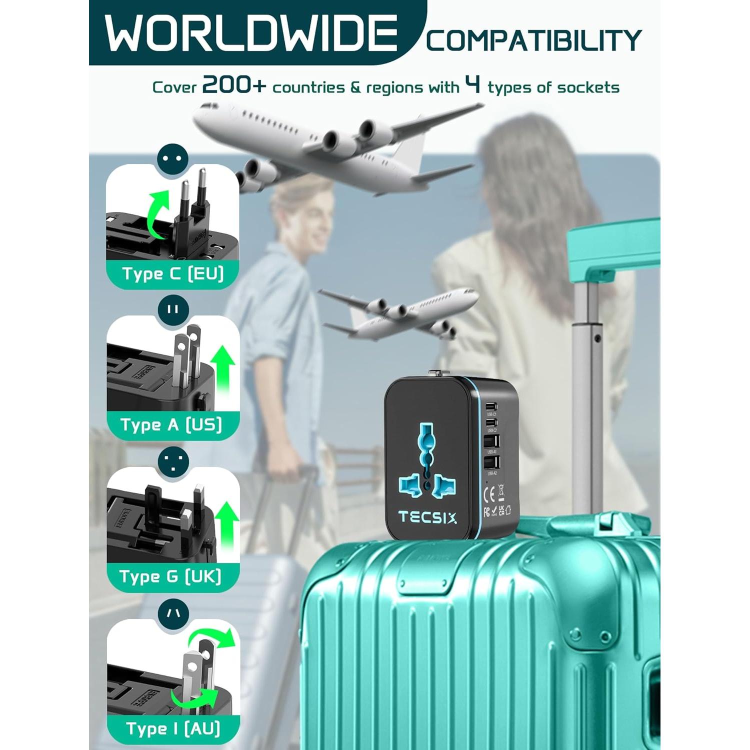 Adaptador de Viaje Universal TECSIX 5 en 1 con 2 USB-C y 2 USB-A