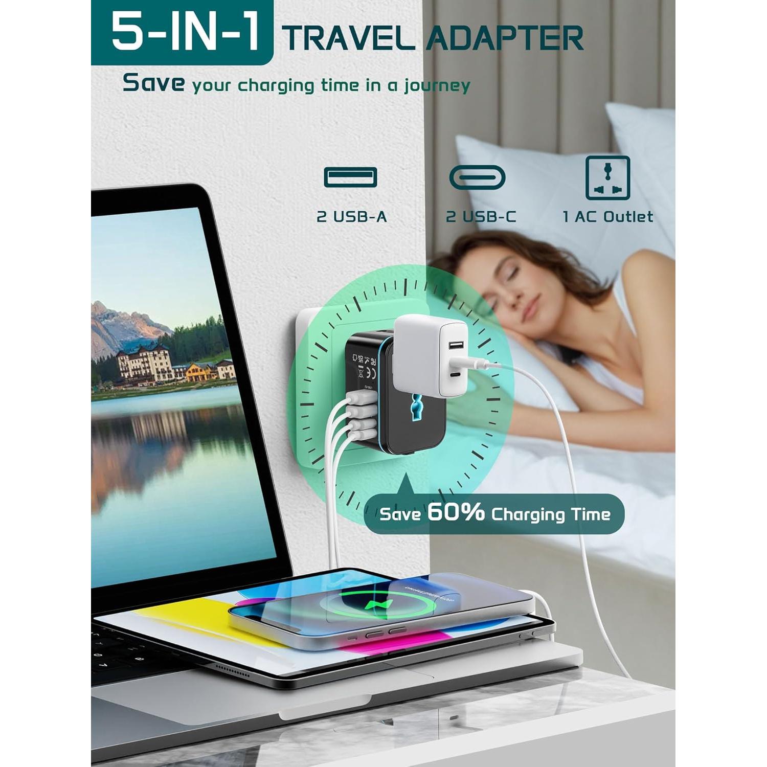 Adaptador de Viaje Universal TECSIX 5 en 1 con 2 USB-C y 2 USB-A