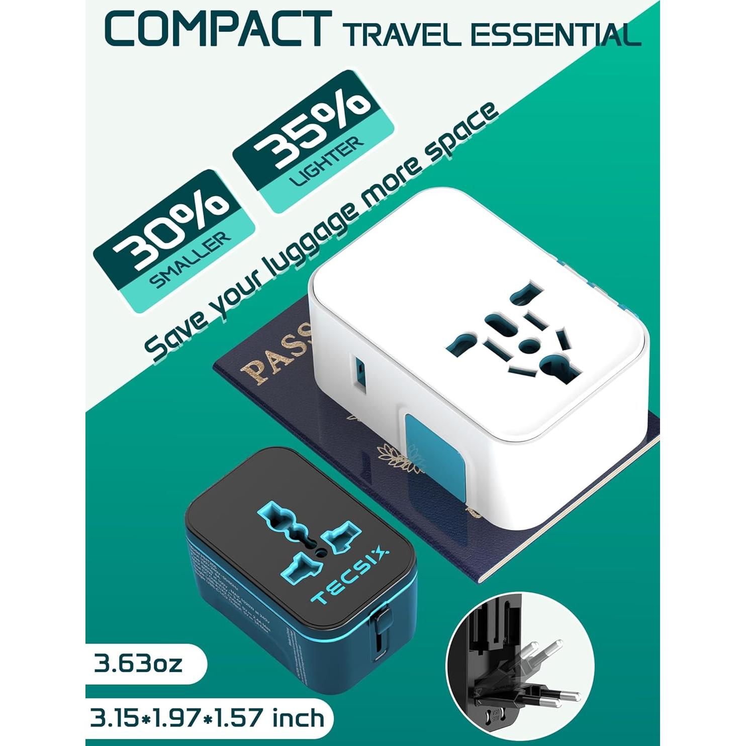 Adaptador de Viaje Universal TECSIX 5 en 1 con 2 USB-C y 2 USB-A