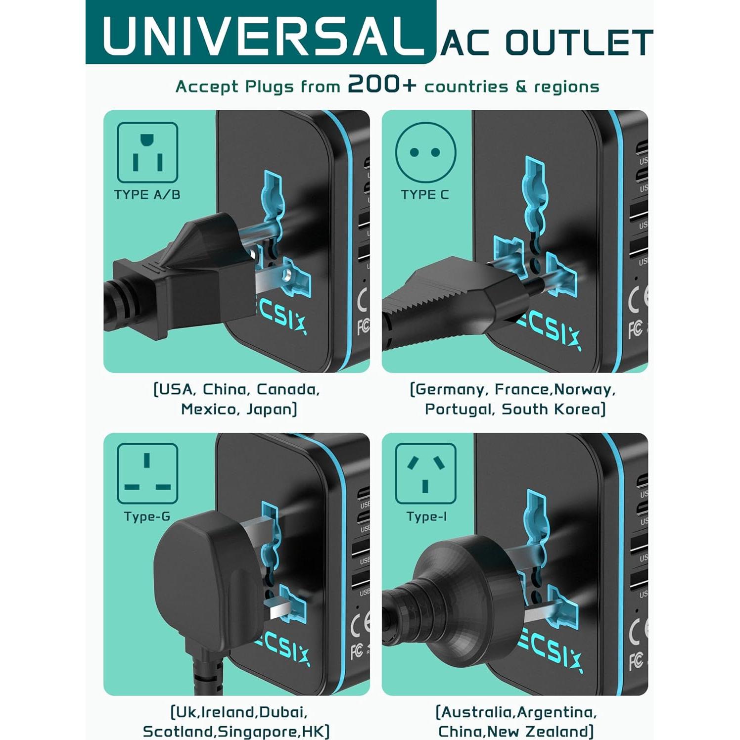 Adaptador de Viaje Universal TECSIX 5 en 1 con 2 USB-C y 2 USB-A