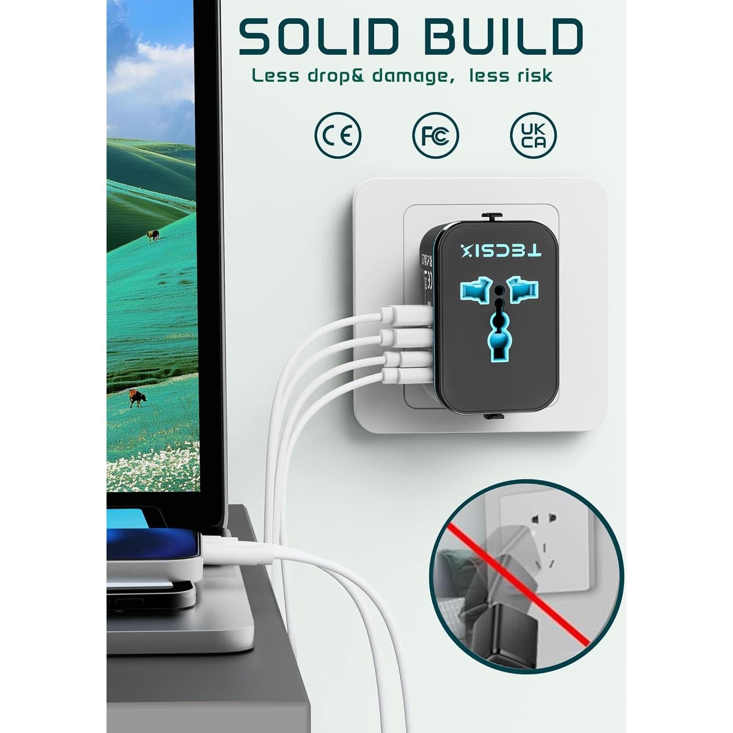 Adaptador de Viaje Universal TECSIX 5 en 1 con 2 USB-C y 2 USB-A