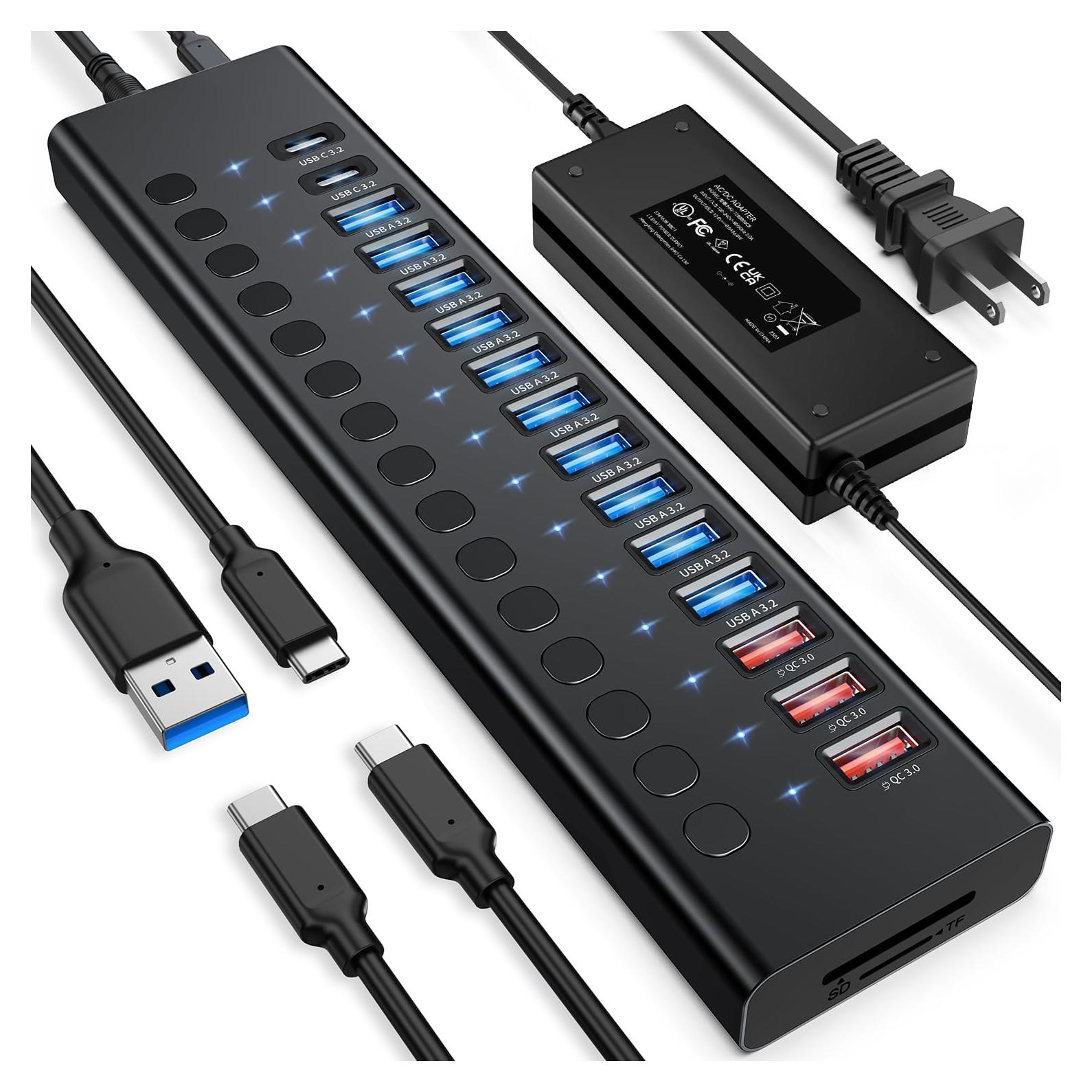 Hub USB 3.2 Alimentado VANGREE 17 en 1, 10 Puertos + Carga Rápida