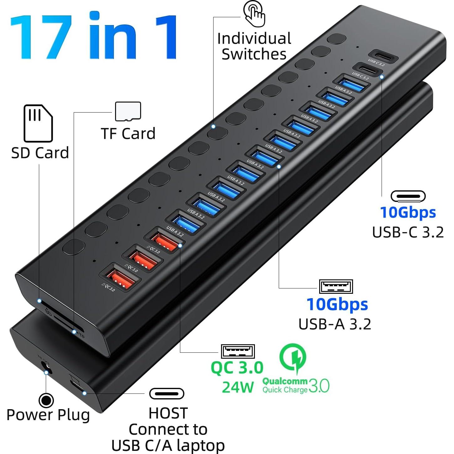 Hub USB 3.2 Alimentado VANGREE 17 en 1, 10 Puertos + Carga Rápida