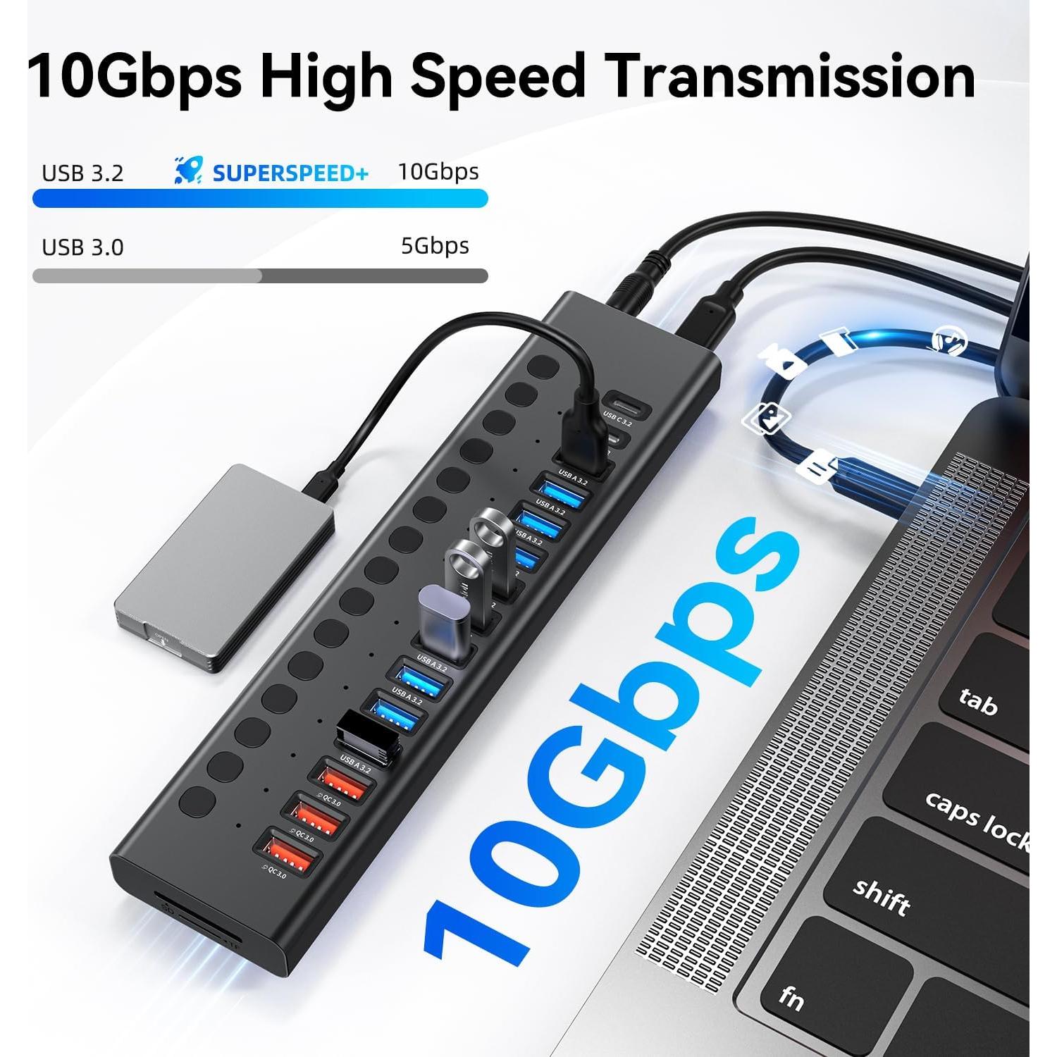 Hub USB 3.2 Alimentado VANGREE 17 en 1, 10 Puertos + Carga Rápida