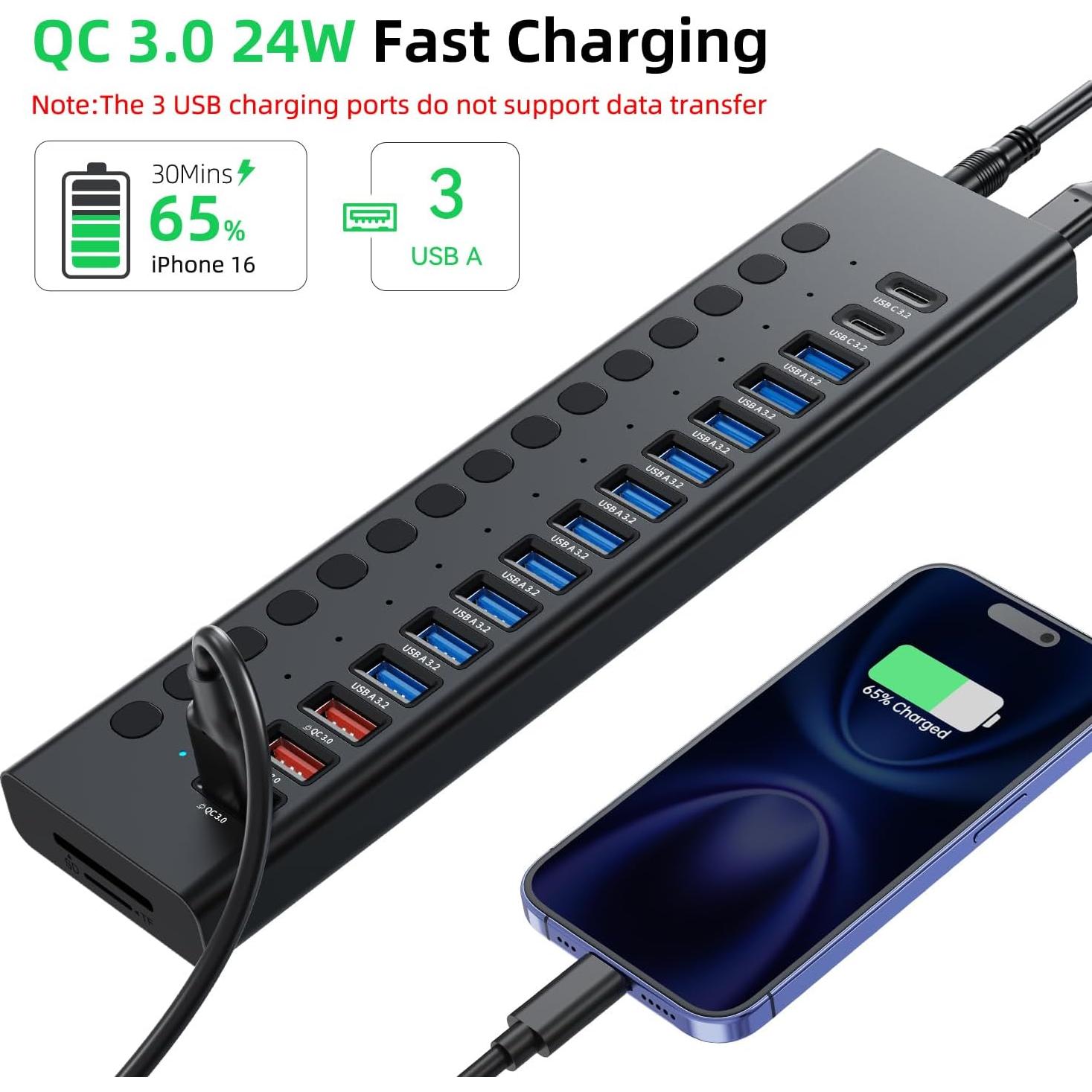 Hub USB 3.2 Alimentado VANGREE 17 en 1, 10 Puertos + Carga Rápida