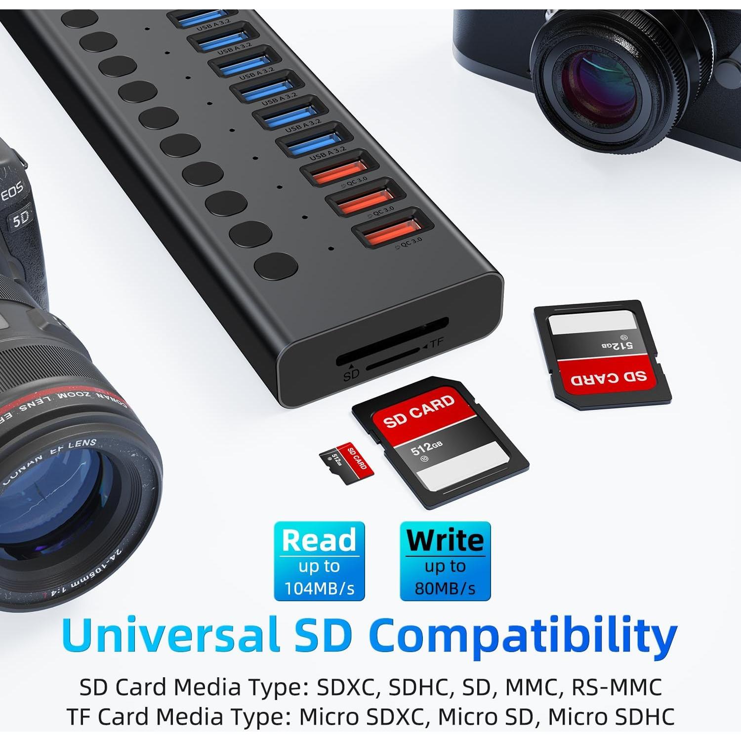 Hub USB 3.2 Alimentado VANGREE 17 en 1, 10 Puertos + Carga Rápida