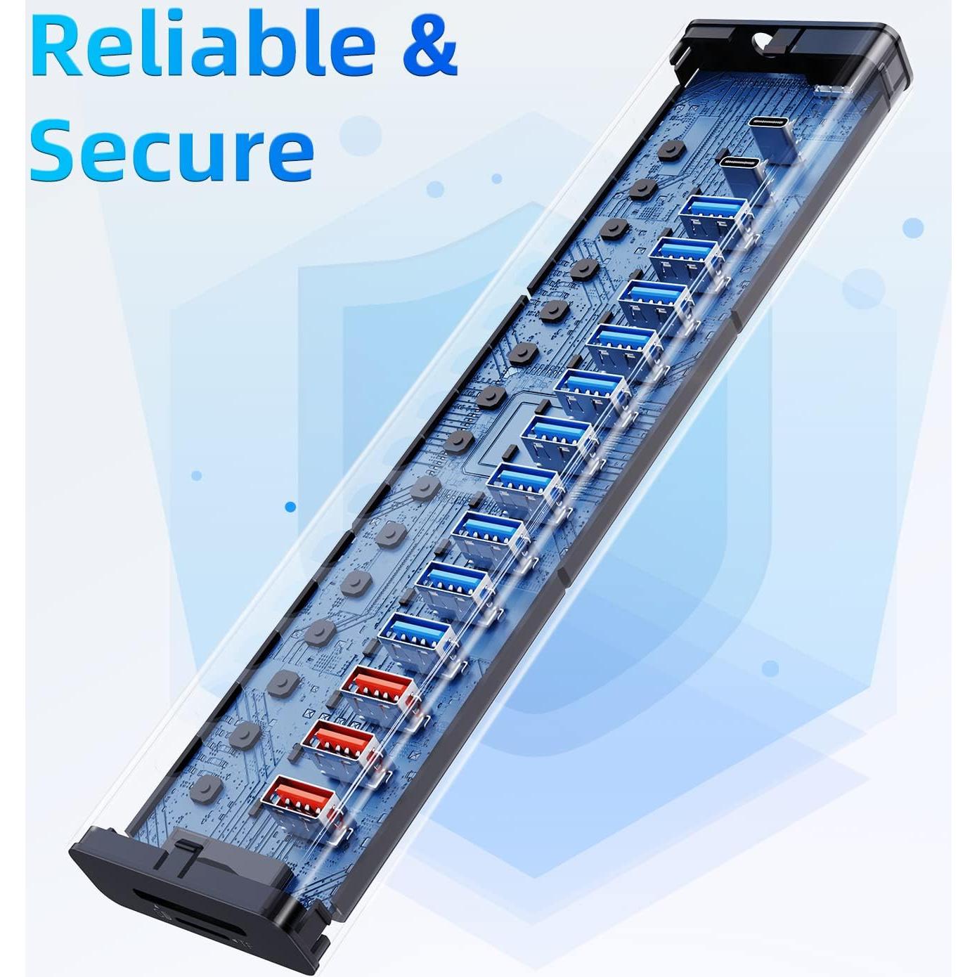 Hub USB 3.2 Alimentado VANGREE 17 en 1, 10 Puertos + Carga Rápida